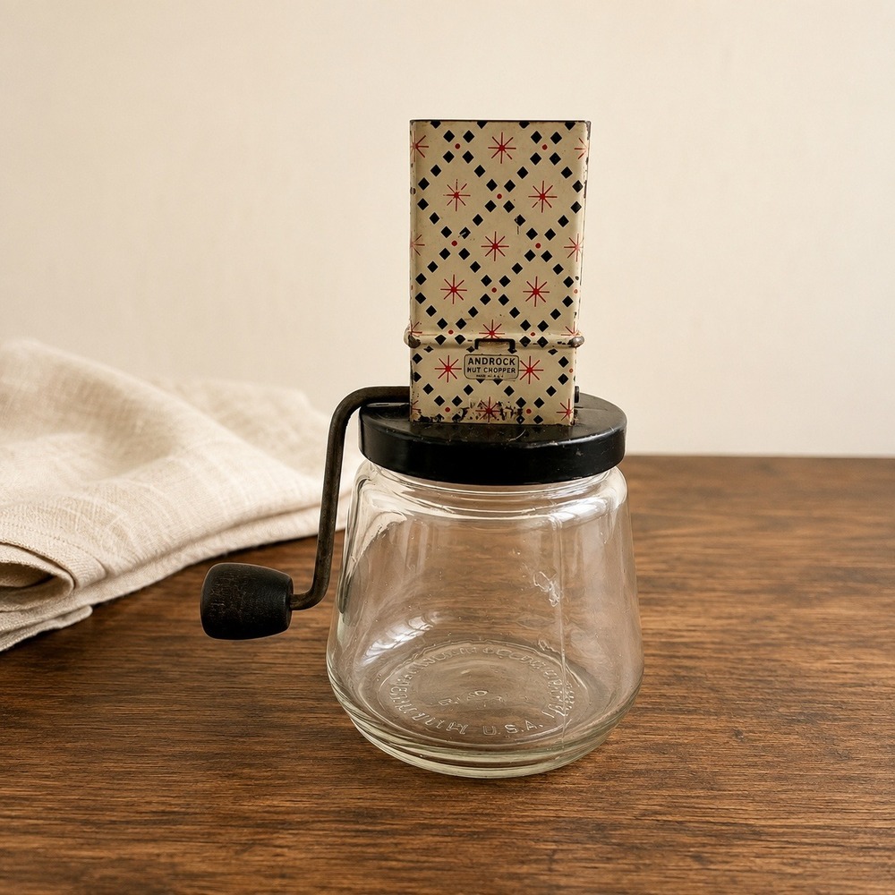 Vintage Androck Nut Chopper Glass Jar Hand Crank Metal Starburst Pattern USA